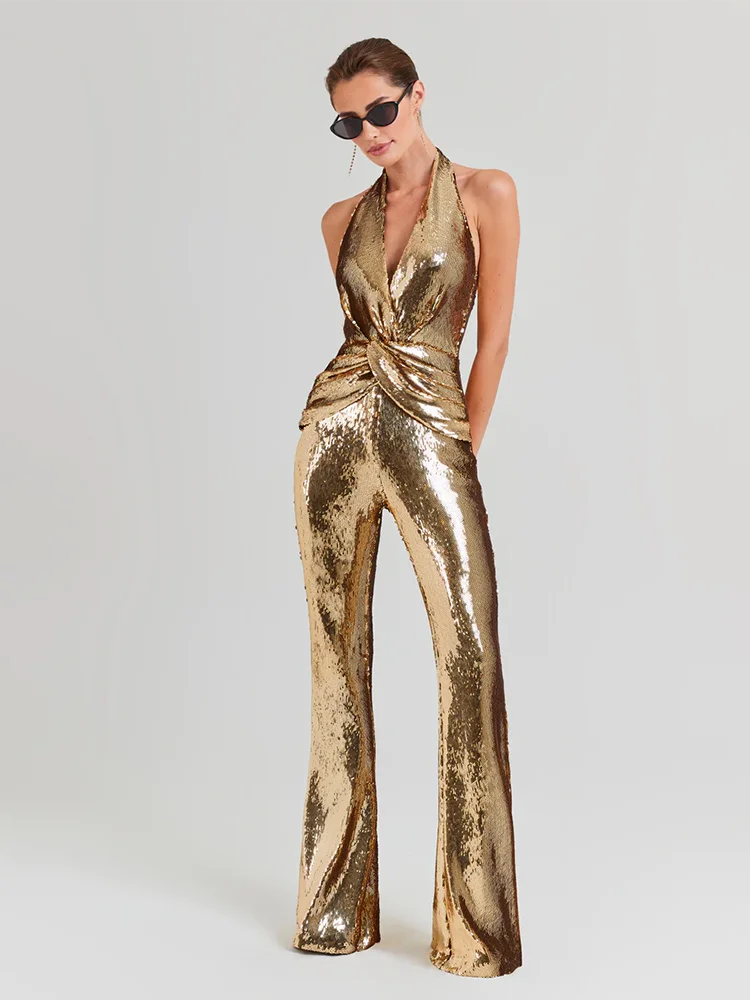 Gold sequin sleeveless V neck wide leg jumpsuit.