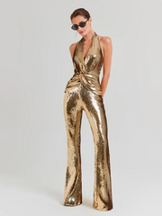 Gold sequin sleeveless V neck wide leg jumpsuit.