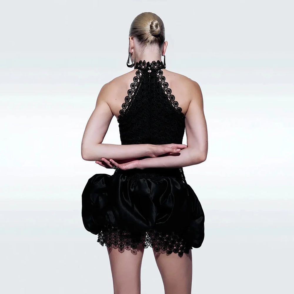 Black lace halter neck puffy mini dress back view