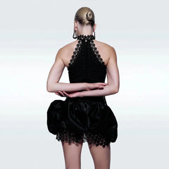Black lace halter neck puffy mini dress back view