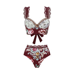 Burgundy Floral Print Two-Piece Swimsuit