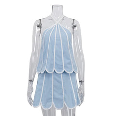 Blue Petal Trim Halter Crop Top and Flare Mini Skirt Set