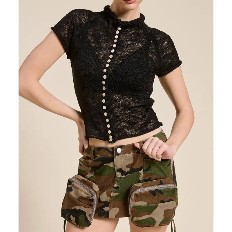 Black button mock neck knit top
