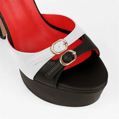 Close-up of buckle detail on peep toe platform stiletto sandals