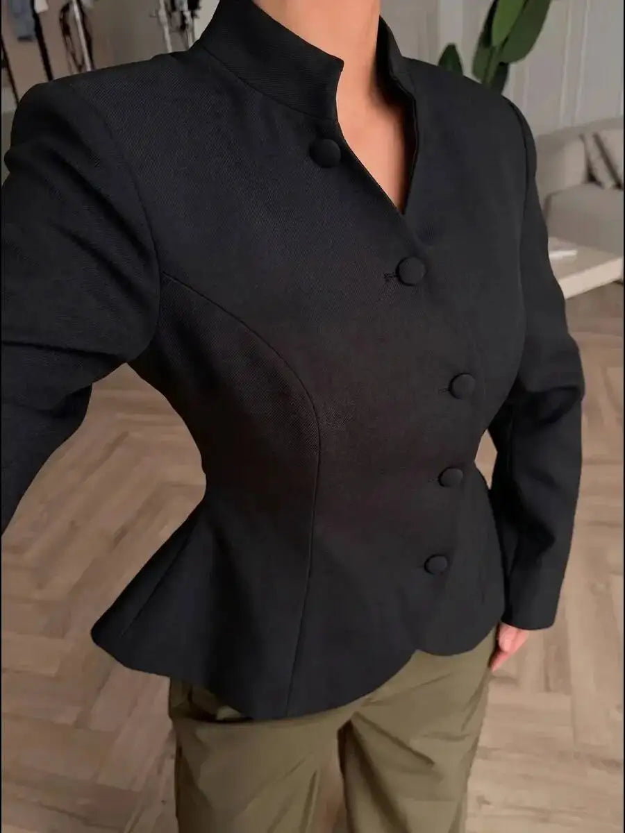 Black Mandarin Collar Peplum Blazer