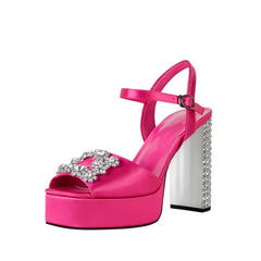 Satin platform sandal with a crystal-embellished block heel