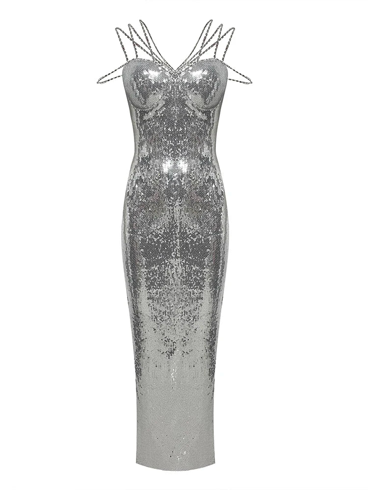 Silver sequin dress on a white background