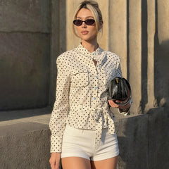 Polka Dot Button-Up Shirt and Cropped Pants Set