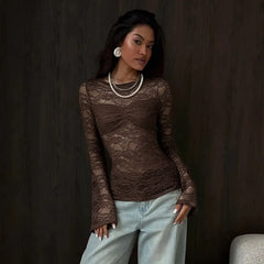 Lace Flare Sleeve Sheer Long Sleeve Top