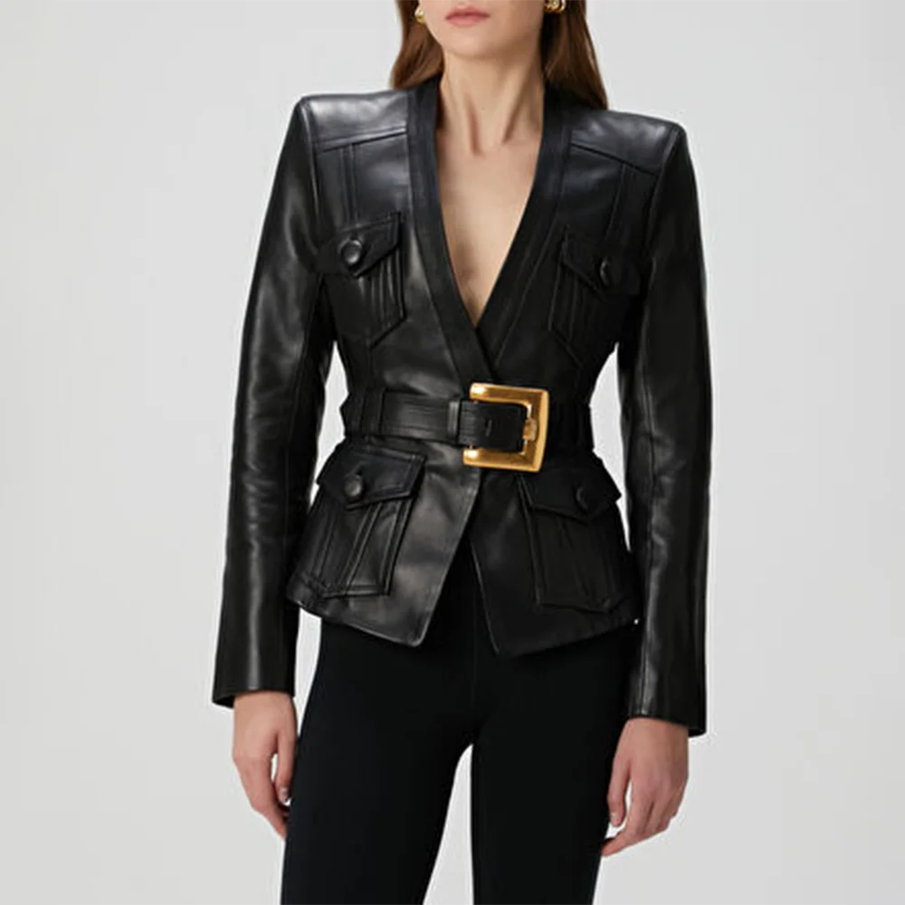 Black leather jacket with a gold buckle on a white background