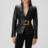 Black leather jacket with a gold buckle on a white background