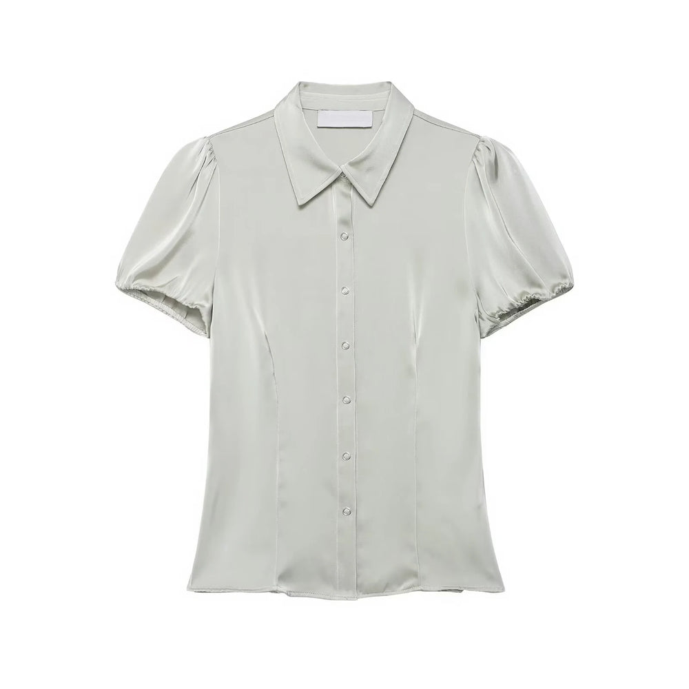 Satin puff sleeve collared shirt top