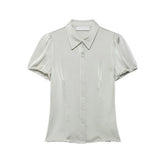 Satin puff sleeve collared shirt top
