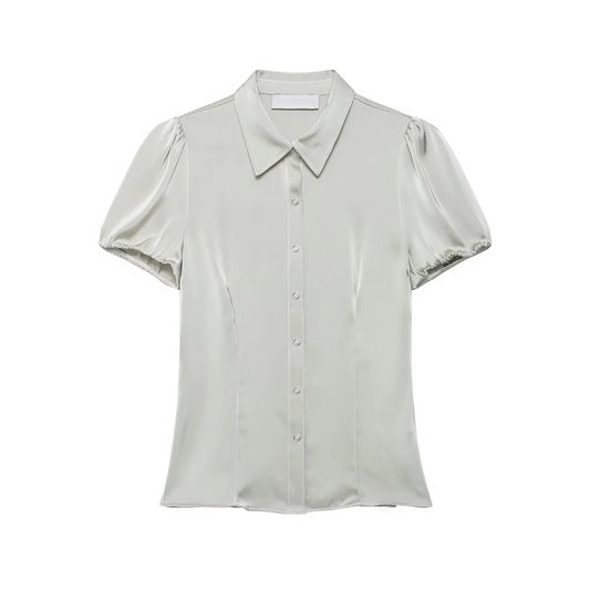 Satin puff sleeve collared shirt top