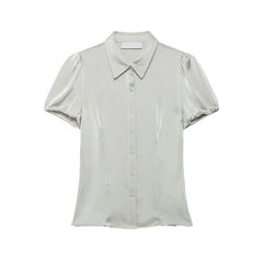 Satin puff sleeve collared shirt top