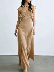 Beige ruffled lace trim maxi dress front detail