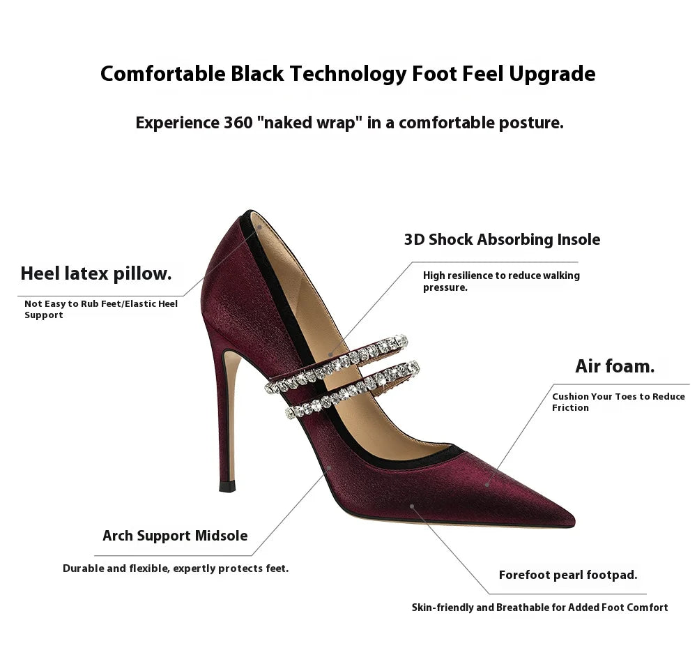 High-heeled shoe with features highlighted on a white background