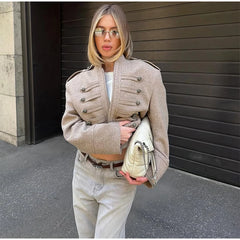 Military Style Shoulder Strap Metal Decor Jacket