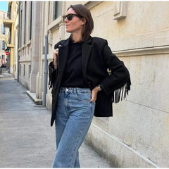 Fringe Sleeve Wool-Blend Tassel Blazer Coat