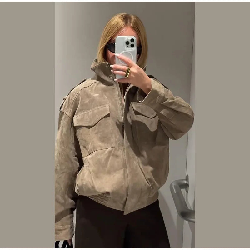 Stand collar suede bomber jacket on a person