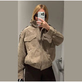 Stand collar suede bomber jacket on a person