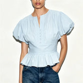 Smocked waist puff sleeve peplum top