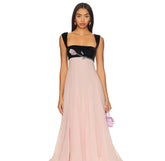 Pink chiffon midi dress with black velvet bodice and crystal embellishments