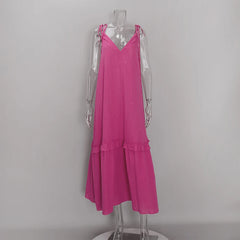 Pink Spaghetti Strap Ruffled Flowy Maxi Dress