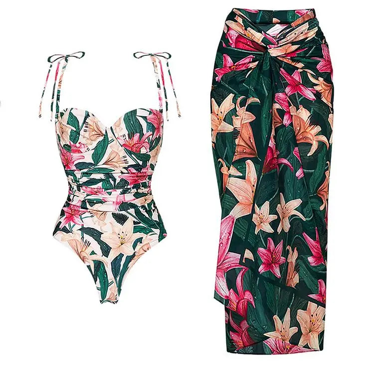 Floral print one-piece swimsuit with ruching and matching beach skirt