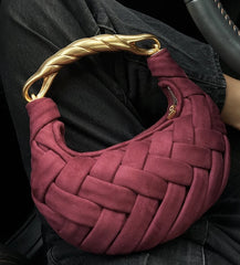 Golden Handle Woven Suede Shoulder Bag