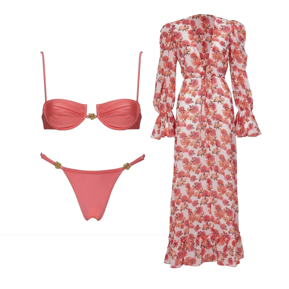 Coral bikini set with floral print long sleeve cover-up
