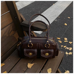 Microfiber Leather Vintage Pocket Satchel – Black & Burgundy