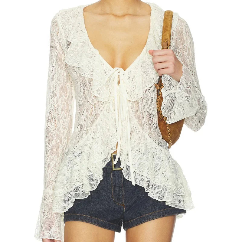 Lace ruffle tie front top, front detail with bag