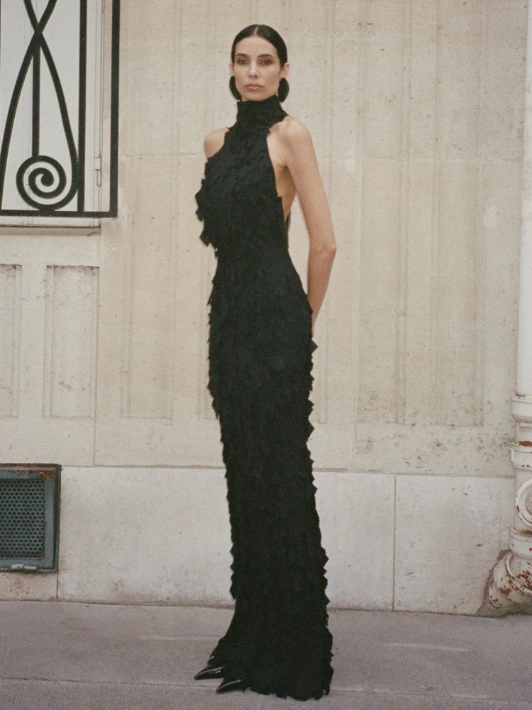 Black halter neck fringe dress