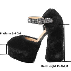 Faux fur platform sandals with embellished ankle strap and measurement guide