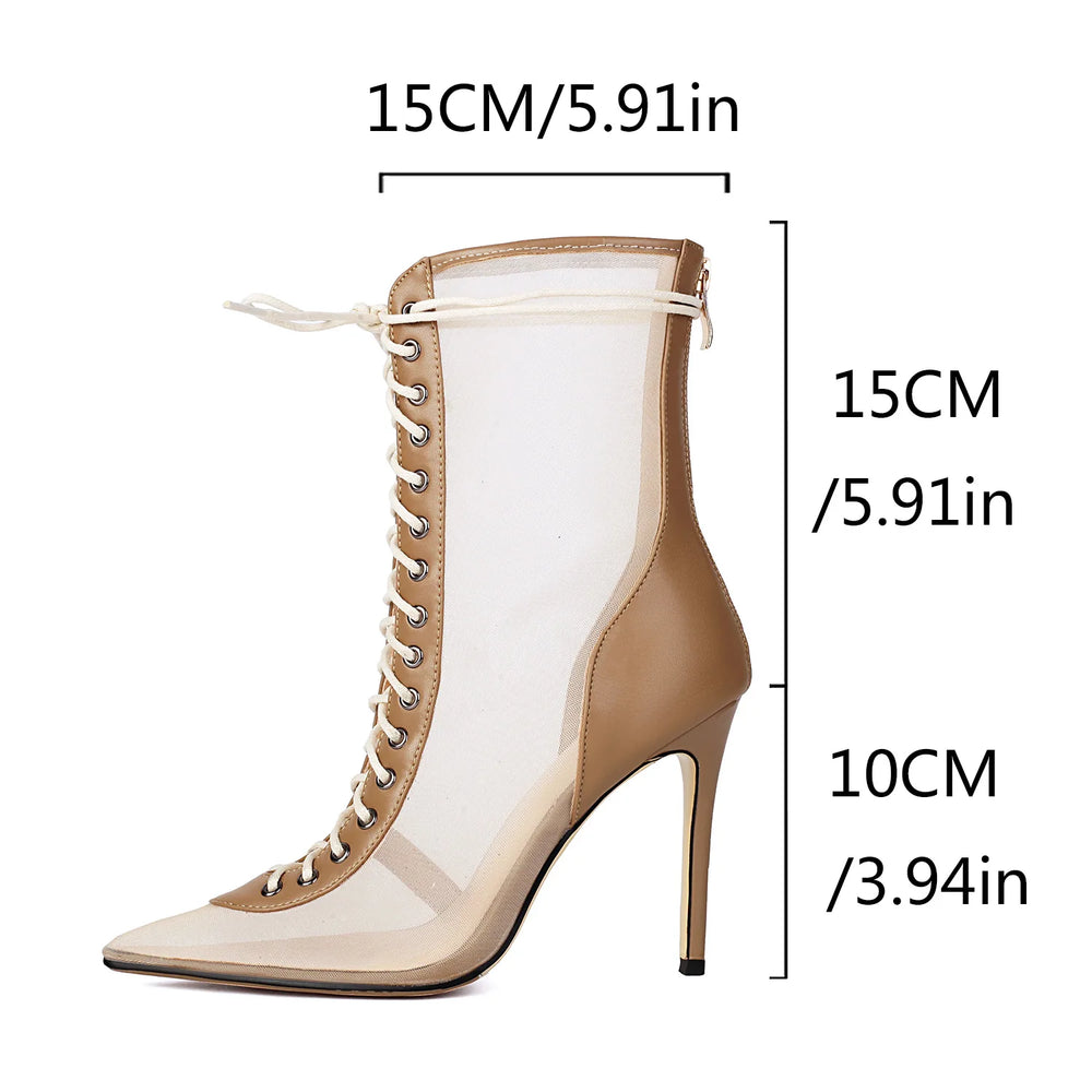 Beige high-heeled lace-up boot with measurements