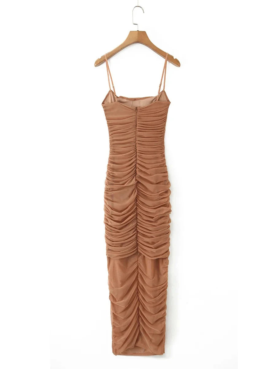 Brown ruched dress on a hanger against a white background