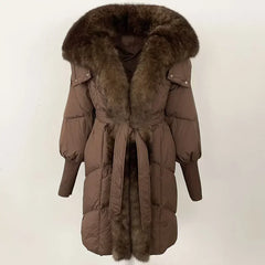 Brown puffer coat with fur trim on a white background