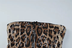 Sparkle Leopard Print Strapless Top And Midi Skirt Matching Set