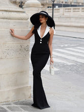 Black contrast V neck button bandage maxi dress.
