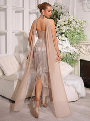 Beaded halter neck fringed column dress from the back