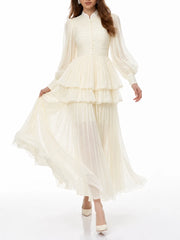 Stand collar lantern sleeve maxi dress in cream