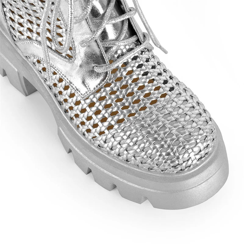 Close-up of the toe on silver mesh platform lace-up ankle boots