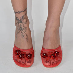 Embellished Mesh Wedge Mule Shoes