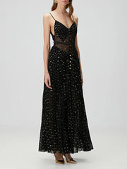 Sheer-panel pleated maxi dress with empire waist