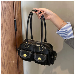 Microfiber Leather Vintage Pocket Satchel – Black & Burgundy