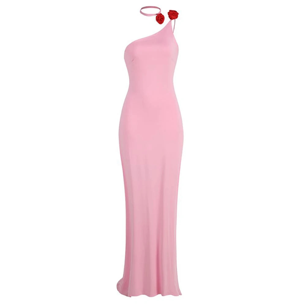 Pink one-shoulder dress with red accents