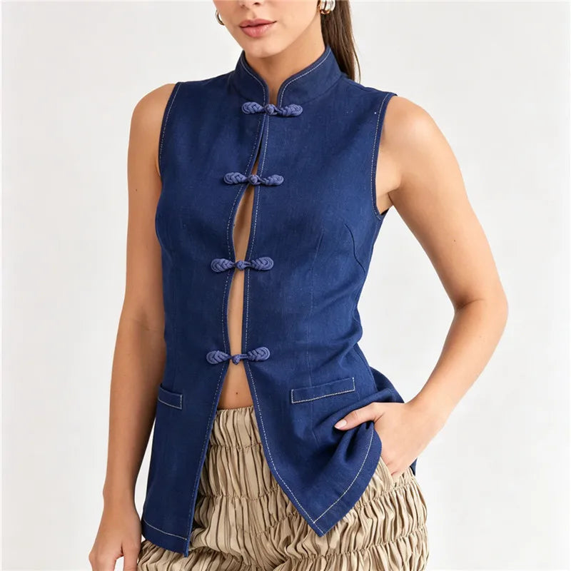 Dark blue mandarin collar frog button vest