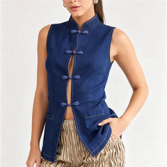 Dark blue mandarin collar frog button vest