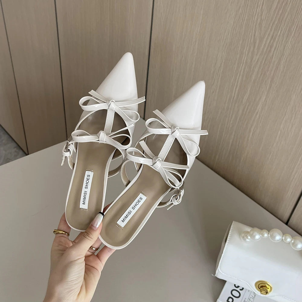 Pointed Toe Bow Design Mules Shoes Thin Low Heels Pumps